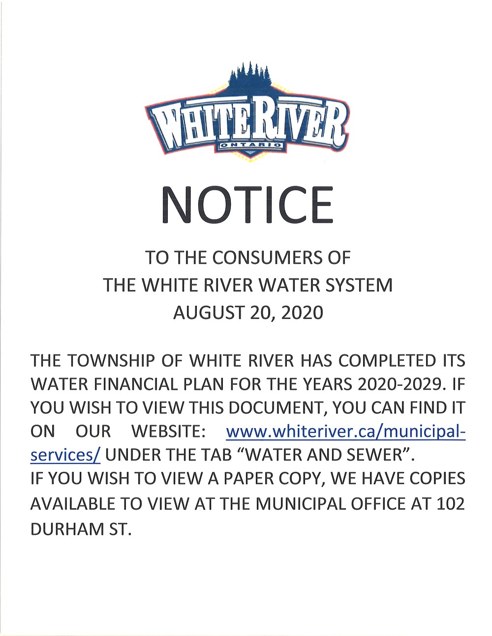 Notice re: Water Financial Plan