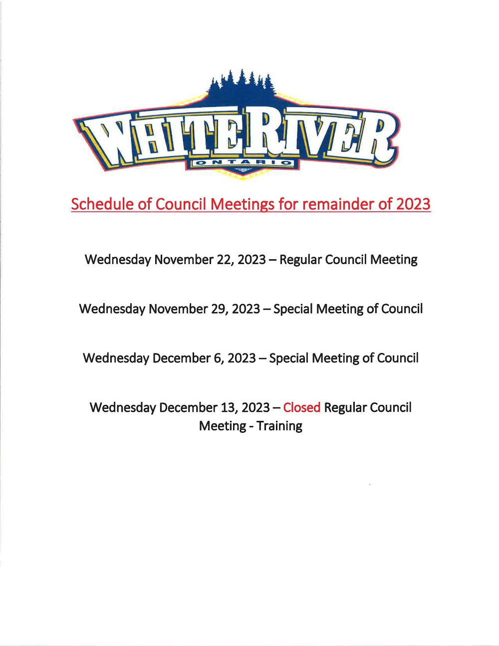 Schedule of Council Meetings